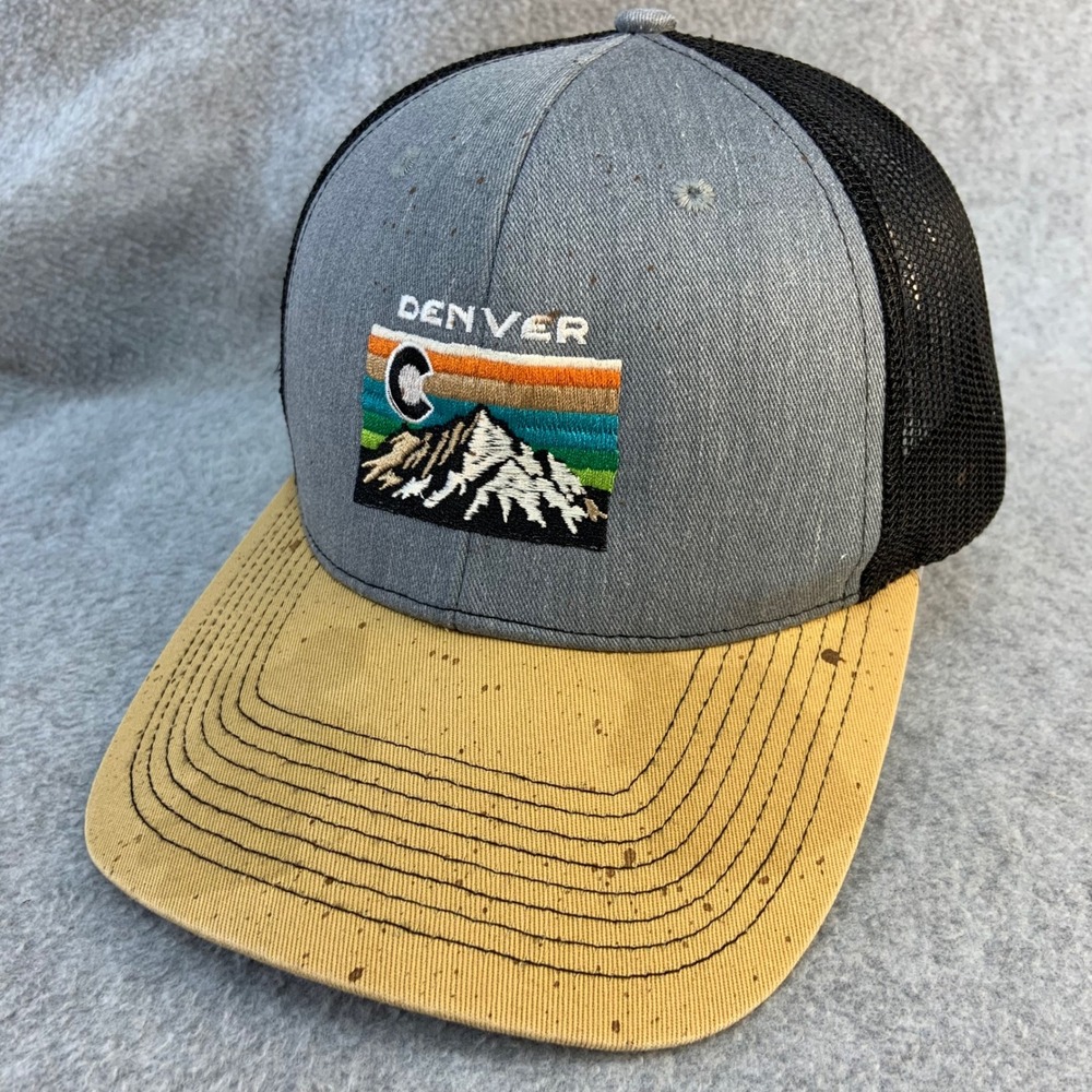 Denver Colorado Mountain Patch Mens Grey Tan Outdoor Cap Trucker Hat Snapback OS